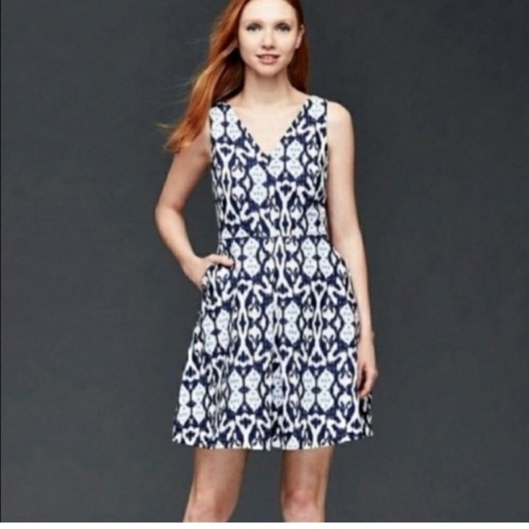 Gap 100% Linen Fit & Flare Ikat Print Sleeveless Blue White Mini Dress Size US 6 - Picture 11 of 11